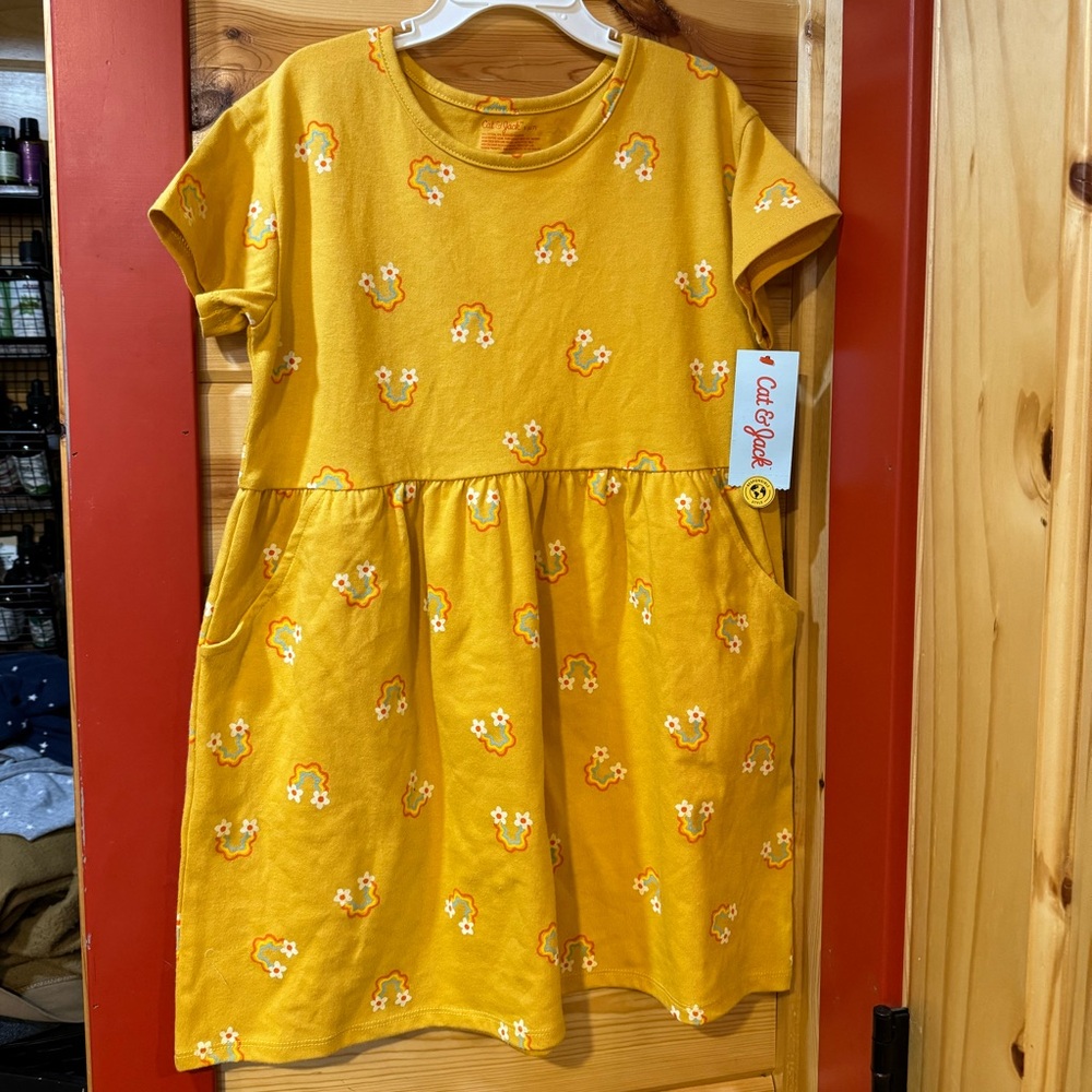 Size small 6/7 Cat & Jack Mustard Yellow Floral Rainbow Kid Girl Dress NWT